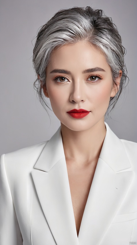  40-year-old slightly plump gray-haired female model,Clear facial features,Clear hair,full-body shot,Plump and plump,business attire,red lips,Heavy makeup,Stylish hairstyle,Become a god,Perfect body,High cooling temperament,8K HD photo,Ultra-clear portraits,