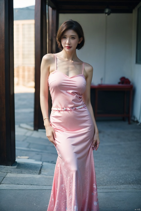  (pink printed chinese upshirt:1.1),
BREAK,
(blue long skirt:1.1),1 girl,(big breasts:1.8), high heels,(short hair:1.1), (realistic:1.7),((best quality)),absurdres,(ultra high res),full body,(photorealistic:1.6),photorealistic,octane render,(hyperrealistic:1.2), (big breasts:1.8), (photorealistic face:1.2), (8k), (4k), (Masterpiece),(realistic skin texture), (illustration, cinematic lighting,wallpaper),( beautiful eyes:1.2),((((perfect face)))),(cute),(standing),(black hair),(short hair), (outdoors), , long skirt, QIPAO,, (big breasts:1.8),1girl,