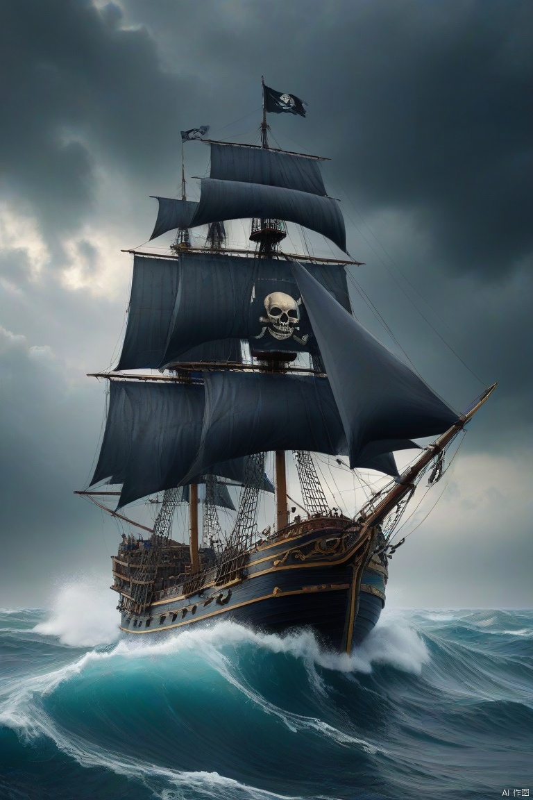  Realistic, hyper detailed, award winning masterpiece, full body portrait, ((ultra-high resolution 16k intense color portrait)), in the deep ocean, rough sea waves a large pirates ship with a black skull flag on top, ultra realistic, Hyper, vibrant light, storm, clouds, lightning, rough weather cinematic background