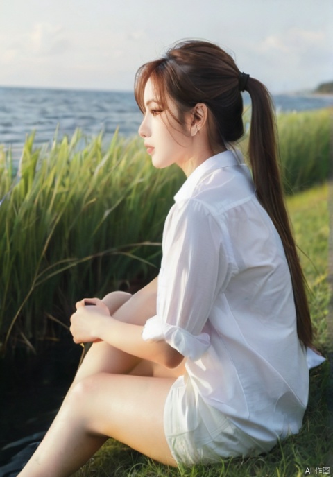  1girl,solo, long hair, brown hair, shirt,

sitting, white shirt, ponytail, male focus, outdoors, pants, water, from behind, ocean, grass, girl