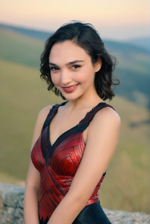  beautiful girl standing with beautiful vally in background, age 20, black short hair, waist shot, dynamic pose, smiling, dressed in fashion outfit, beautiful eyes, sweet makeup, 35mm lens, beautiful lighting, photorealistic, soft focus, kodak portra 800, 8k, Gal Gadot