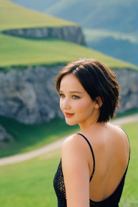  beautiful girl standing with beautiful vally in background, age 20, black short hair, waist shot, dynamic pose, smiling, dressed in fashion outfit, beautiful eyes, sweet makeup, 35mm lens, beautiful lighting, photorealistic, soft focus, kodak portra 800, 8k,Jennifer Lawrence