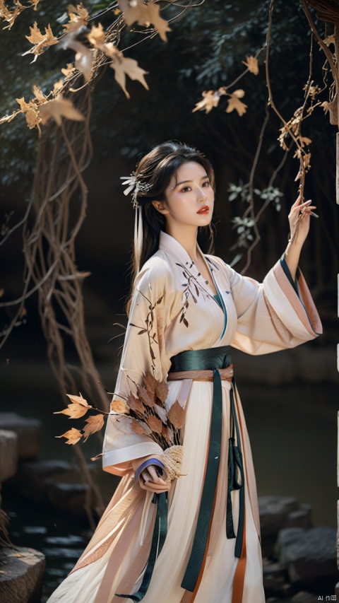  Fashion editorial style a asian girl with hanfu ruqun,Jin style, joint brand, ribbon, Withered leaves, old vines, plant illustration, splash ink,High fashion, trendy, stylish, editorial, magazine style, professional, highly detailed, cinematic lighting, Dramatic lighting, HanFu, hanfu,arien_hanfu,arien_hanfu, , MAJICMIX STYLE,song style outfits, , NVZ, jastyle, FilmGirl