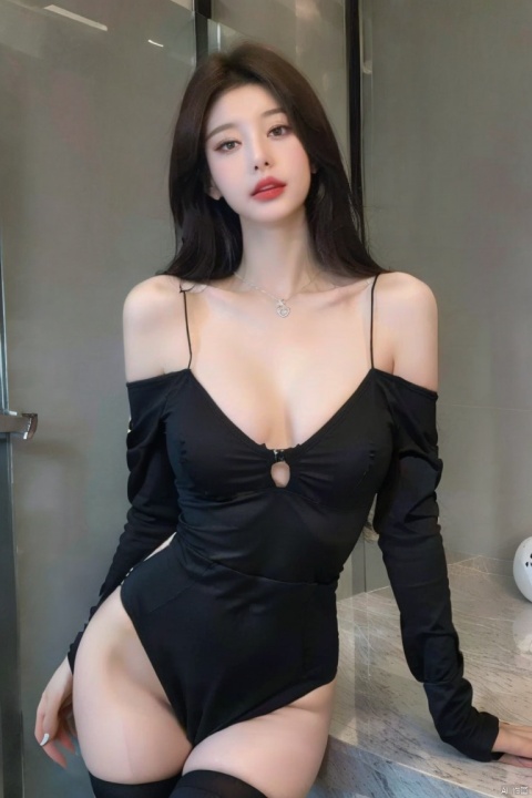  8k,RAW photo,best quality,masterpiece,realistic,1girl,off-shoulder dress,black thighhighs,sexy
