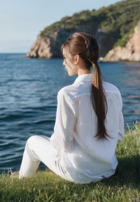  1girl,solo, long hair, brown hair, shirt,

sitting, white shirt, ponytail, male focus, outdoors, pants, water, from behind, ocean, grass, girl