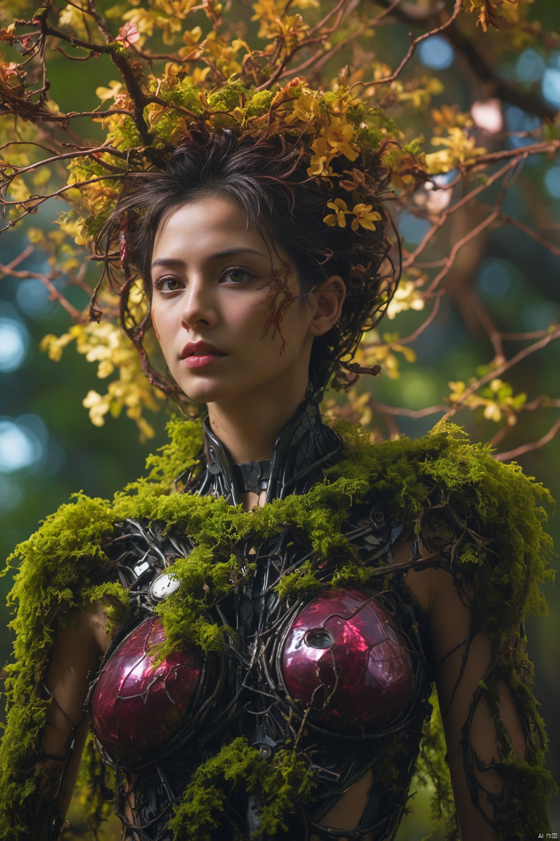  excellent lighting, super detail, depth of field, science fiction, colorful, masterpiece, best quality, ((high saturation)),((ultra-detailed)), Fujifilm, depressed, (Obsidian and Ruby),(Cyberpunk Treeman), (Treegirl), metal leaves, wired branches, glowing light eyes, mechanical bark, with moss-covered bark, tendrils extending from the body, Neon lights on the body, (Lightning around branches and leaves), (Tabebuia chrysantha), Soft and delicate petals, ultra fine, (realistic, photo realistic, (photo realistic:1.5)), wind, fire, electricity, glowing, 1girl, (full body:1.2)