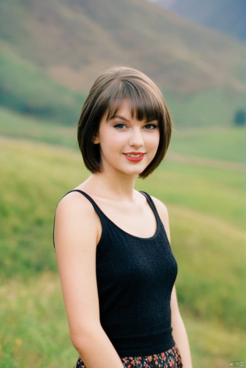  beautiful girl standing with beautiful vally in background, age 20, black short hair, waist shot, dynamic pose, smiling, dressed in fashion outfit, beautiful eyes, sweet makeup, 35mm lens, beautiful lighting, photorealistic, soft focus, kodak portra 800, 8k, Taylor Swift,