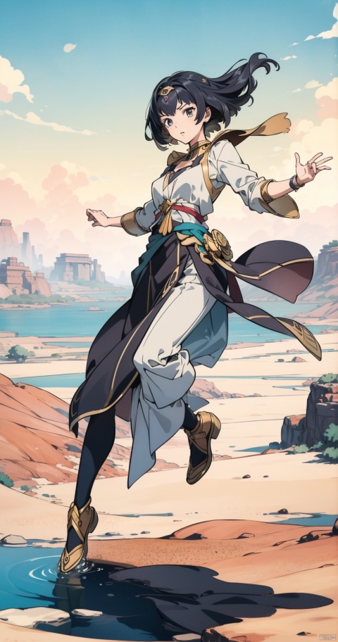  (masterpiece, best quality, best shadow,official art,Ultra High Definition Picture),
1 girl,in water,
Desert Oasis Background, Ancient Egypt,lake
kandisi, dynamic angle, floating, 
(full_body:1.2), (full body:1.2), 

(expression:1.0), (dynamic_pose:1.2), (action_pose:1.2),