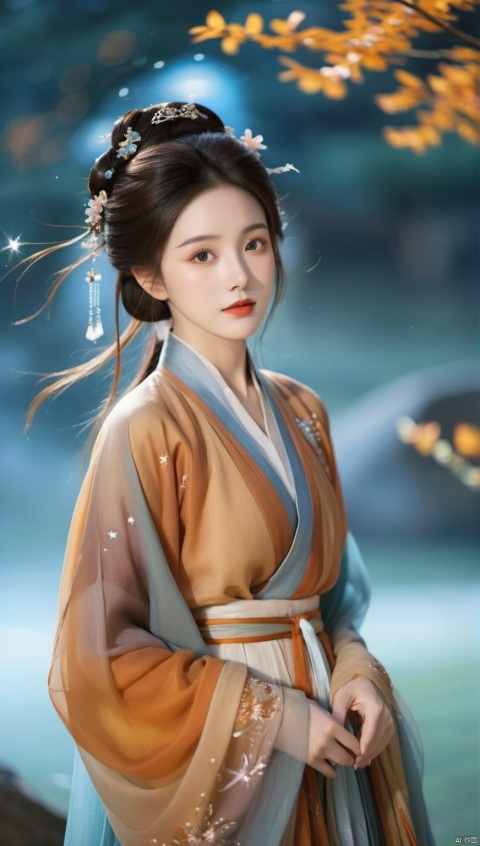 a woman dressed in a traditional chinese Brown hanfu,set against a cosmic backdrop,the woman has a serene expression,wide-eyed,her hair is styled in an intricate updo,and she wear a delicate headpiece,the hanfu is a flowing garment with a gradient of colors,transitioning from a blue at the bottom,environment to nebulae ethereal at night,the background is a starry sky,