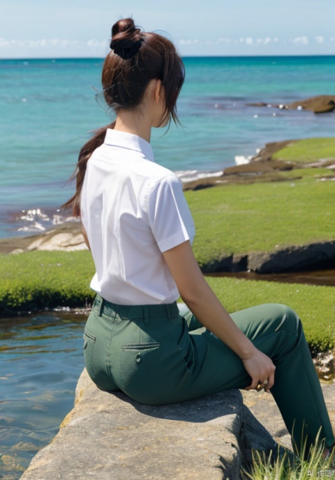  1girl,solo, long hair, brown hair, shirt,

sitting, white shirt, ponytail, male focus, outdoors, pants, water, from behind, ocean, grass, girl