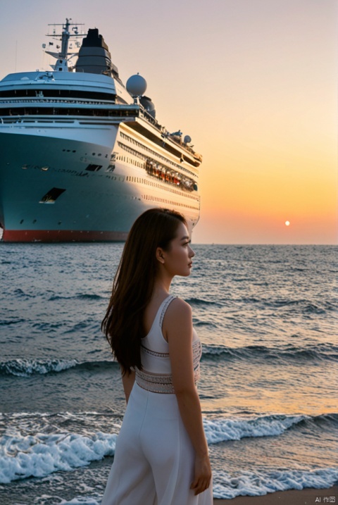  Chinese Girl, female focus, ocean, beach, naval, modern media, waves, sunrise, cruise ship, moon, yacht, sea.