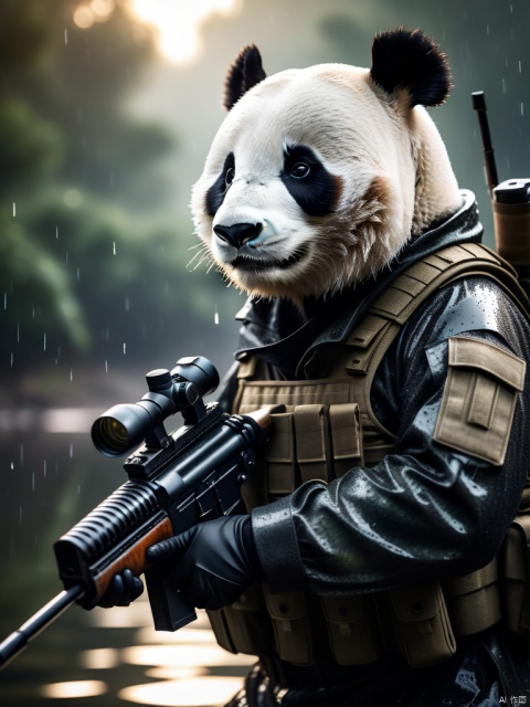 Panda soldier, Panda's head, soldier's body, wearing combat clothing, holding a rifle.

dramatic,Backlighting,soft contrast,cinematic,hyperdetailed photography,texture,fog,vignette,black and brown color palete,particles,water reflection,depth of field,bokeh,85mm 1.4,rain,sunset,(facing camera:1.1),ray tracing,shadows,ultra sharp,metal,((cold colors)),Epic CG masterpiece,(3D rendering),facing camera,ultra high resolution,(masterpiece),(best quality),(super detailed),(extremely delicate and beautiful),cinematic light,detailed environment,(real),(ultra realistic details:1.5),