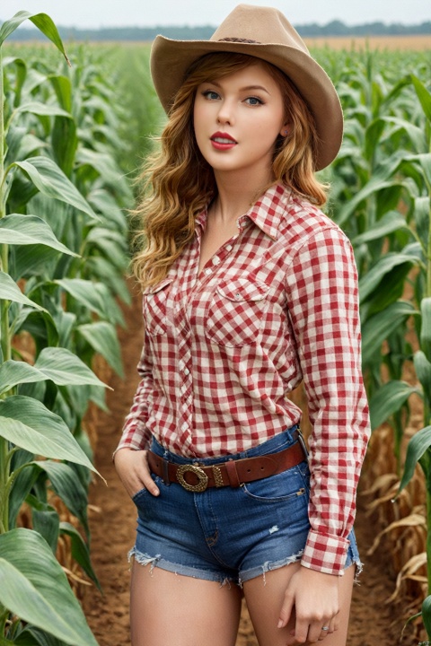  Illustration,full body,from distance,(best quality, masterpiece, realistic, detailed),beautiful girl,american,red hair,blushing,smirk,(open checkered red and white flannel shirt, Tight jeans shorts, leather belt, cowgirl hat, cowgirl boots),very tall corn field,corn plants,Taylor Swift