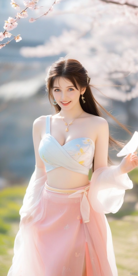  A girl,skirt,jewelry,long_hair,necklace,earrings,perfect body,standing,large breasts,looking at viewer,chinese clothes,china dress,hanfu,cherry_blossoms,in spring,sunny,sunny,wind,cloud,bright, nicehand