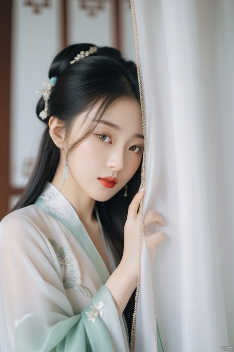 Chinese girl,Cover your face with simlebehind a silk curtain, frontview, half body short.exquisite clothing detail, (Long hair.),  Leave a lot of white space, zen,  graphic,Chinese ancient architecture