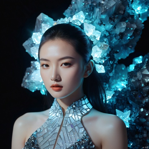  cinematic, fashion photo of a beautiful girl named yang ying in the style of neomorphism, the transformation of minerals into polymorphs, glowing crystals, hyper detailed, photorealistic, detailed glow, ambient occlusion, ambient light