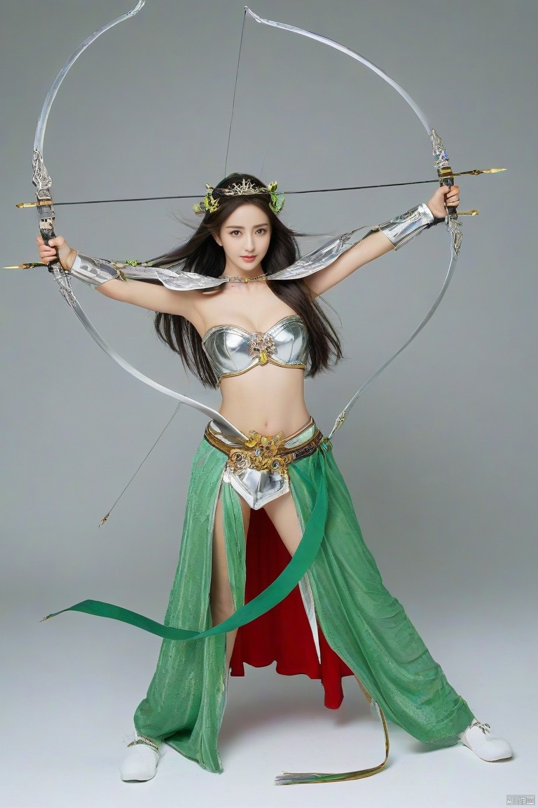  1girl,big breasts, solo, gloves,long hair, focusing intensely,Hold the iron tire bow with the left hand and draw a bow and shoot arrows, Wearing a jade crown, shining silver armor, and wearing a lion headband. Treading towards the sky with cow tendon boots; Wearing a crimson cloak on her shoulders, carrying a three foot green blade on her waist, coupled with her tall figure and resolute expression,clean white background,
, yaya