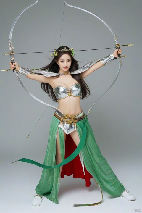  1girl,big breasts, solo, gloves,long hair, focusing intensely,Hold the iron tire bow with the left hand and draw a bow and shoot arrows, Wearing a jade crown, shining silver armor, and wearing a lion headband. Treading towards the sky with cow tendon boots; Wearing a crimson cloak on her shoulders, carrying a three foot green blade on her waist, coupled with her tall figure and resolute expression,clean white background,
, yaya