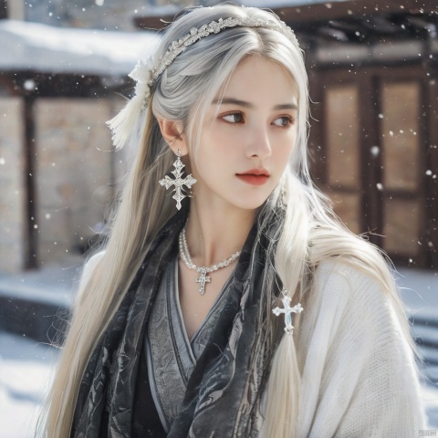  (best quality), (real), (masterpiece), absurdres, realistic, 1girl, goddess, very long hair, silver hair, white hairband, big chest, crystal earrings, cross necklace, dark lorita clothing, big scarf, big braid, winter, snowy day, Greece