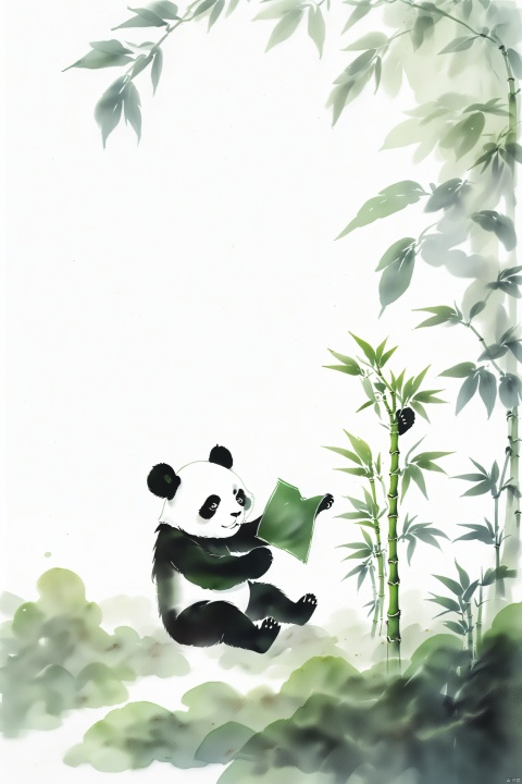  a panda,The shading of the Chinese-style paper, the pale green bamboo, the grain is faintly visible,white background,