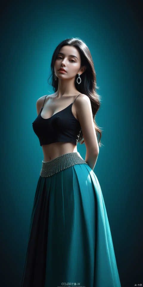  masterpiece,best quality,official art,extremely detailed CG unity 8k wallpaper,small breasts,1girl, Long black hair,whole body,exposure blend,medium shot,bokeh,(hdr:1.4),high contrast,(cinematic, teal :0.85),(muted colors, dim colors, soothing tones:1.3),natural external halo, excellent color and light effects, (color deviation, color deviation, color reproduction: 1.1) ,((black background)). diamond earrings.waist,skirt,leg.