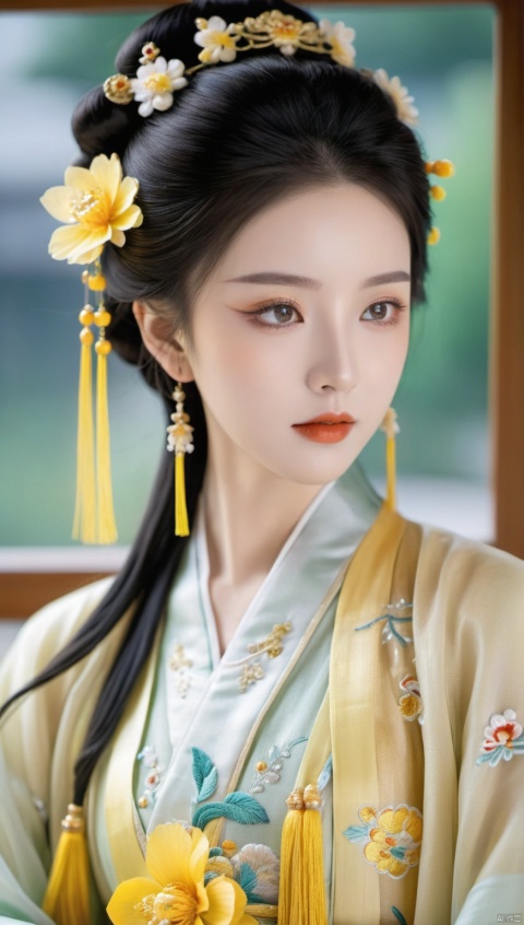 a woman dressed in a traditional Hanfu, She has a dark updo hairstyle adorned with a yellow flower accessory and a tassel, Her makeup is subtle, with emphasis on her eyes and lips, She wears a light-colored Hanfu with intricate embroidery and patterns, The fabric appears to be of high quality, with a sheen that suggests it might be silk or a similar material,