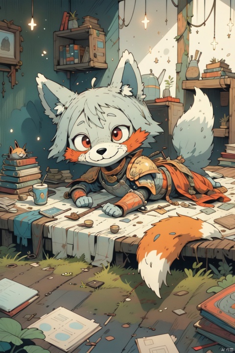 1girl, fox_tail, tail, animal_ears, fox_ears, fox_girl,long white hair, red eyes, furry ears,happy smile,(silver white knight armor:1.2),little breasts ,cute,young child,toddler,Sending Love with Eyes,Full body diagram,intricate details, extremely detailed, incredible details, full colored, complex details, insanely detailed and intricate, extremely detailed with rich colors. masterpiece, best quality, aerial view, HDR, UHD, unreal engine, Representative, fair skin, beautiful face, Rich in details High quality, gorgeous, glamorous, 8k, super detail, detailed decoration, detailed lines,lying on the table and looking up at the viewer
