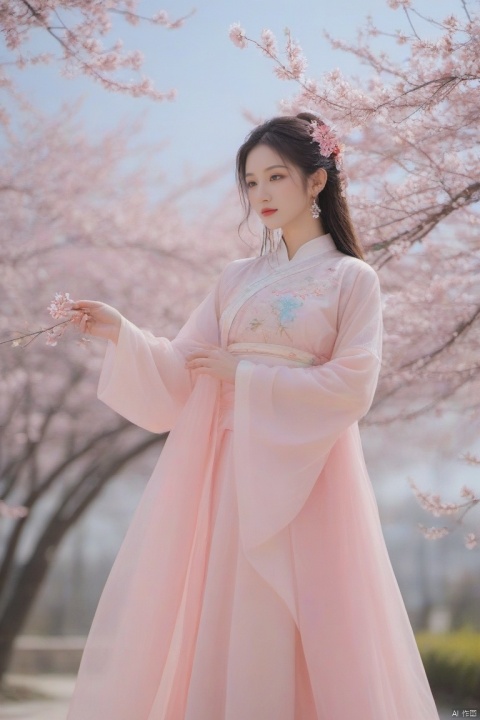  A girl,skirt,jewelry,long_hair,necklace,earrings,perfect body,standing,looking at viewer,chinese clothes,china dress,hanfu,cherry_blossoms,in spring,sunny,sunny,wind,cloud,bright,