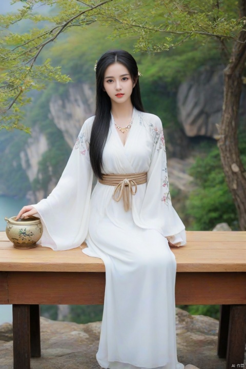  (Masterpiece:1.2), best quality,(full breasts), necklace, Tree, Outdoor, Flower Sea, Cliff Edge, full body, daxiushan
1girl, long hair,looking at viewer, black hair, hair ornament, long sleeves, dress, indoors, wide sleeves, white dress, chinese clothes, table, realistic, hanfu, daxiushan,daxiushan style, monkren, FilmGirl, yaya,tongliya