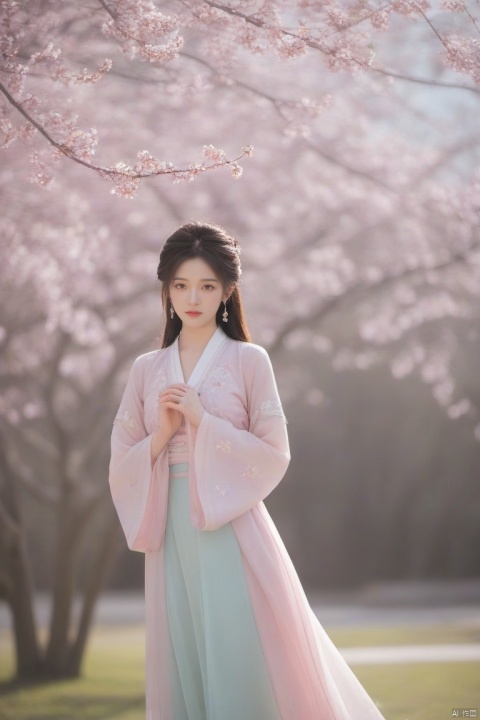  A girl,skirt,jewelry,long_hair,necklace,earrings,perfect body,standing,looking at viewer,chinese clothes,china dress,hanfu,cherry_blossoms,in spring,sunny,sunny,wind,cloud,bright,