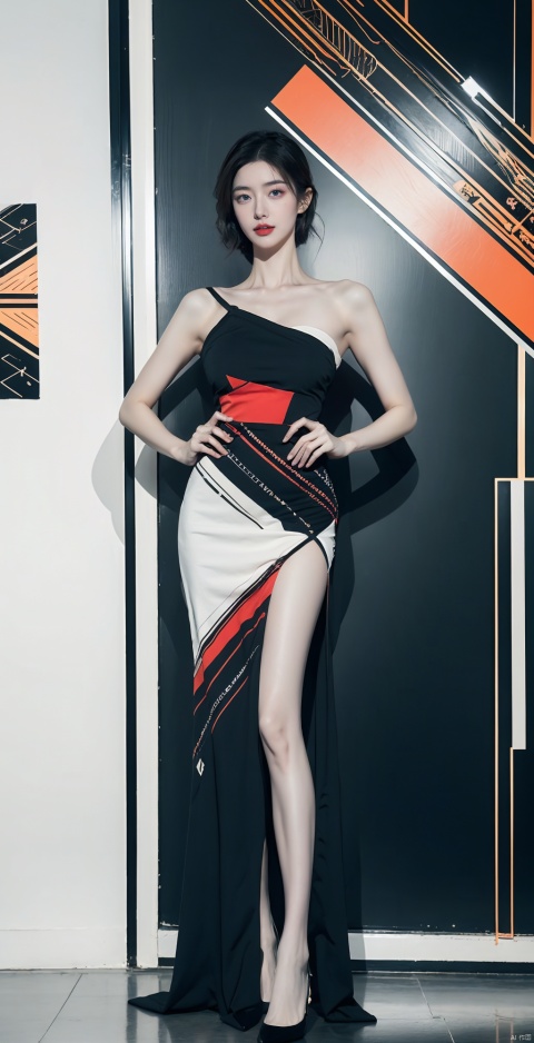  (masterpiece, best quality), 1girl, full_body,colorful_hair,short-hair,blue_eyes,red lips,,sexy dress , , , , (tutututu), xiqing, , Geometric design style