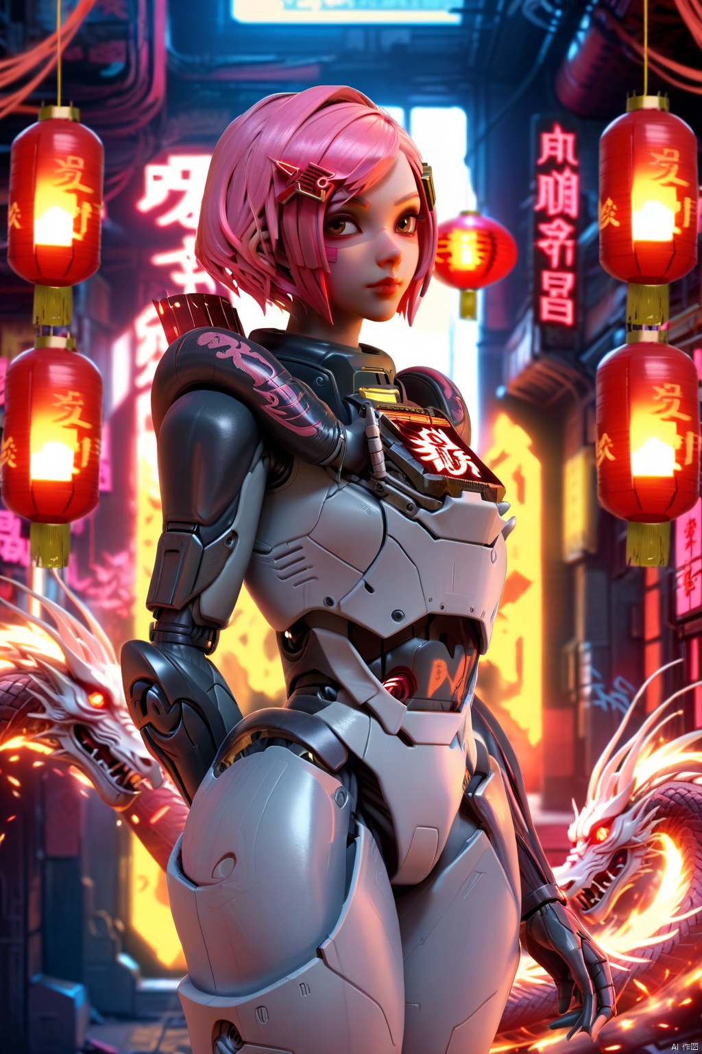  A girl with pink split short hair, pink eyes, royal sister, sassy, sci-fi style, Chinese Spring Festival elements, lanterns, firecrackers, Chinese dragon, red color scheme, dazzling, graffiti, cyberpunk,complex 3d render , beautifulstudio soft light, rim light vibrant details, beautiful background, octane render, H. R.Giger style, 8k best quality, masterpiece, illustration, anextremelv delicate and beautiful extremely detailed CG .unitywallpaper realistic, photo-realistic Amazing, finelv detailmasterpiece,best quality,officlal art, extremely detailed CG unit8k wallpaper, absurdres, incredibly absurdres, lida