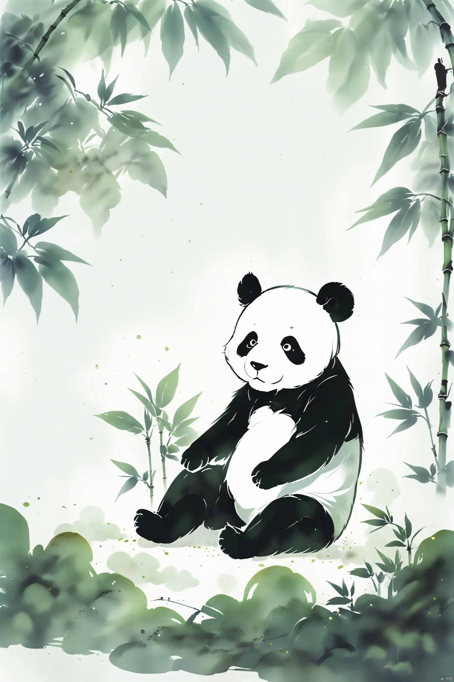  a panda,The shading of the Chinese-style paper, the pale green bamboo, the grain is faintly visible,white background,
