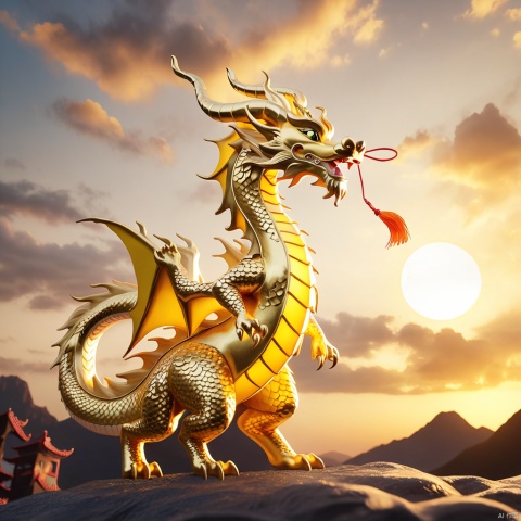  Life-like dragon, Golden dragon, cute, DSLR, 8k, 4k, Natural skin, texturized skin, pixiv, Depth of Field, movie composition, best lighting, cowboy shooting, sparkling eyes, kids, I have horns on my head, tail, stand, yellow dragon body, clouds, sky, sunset, side, outdoor, side, lantern, little dragon man standing in the sun, (Shen Shao nv), Chinese Dragon, BJ Sacred beast Illustration, amazing6