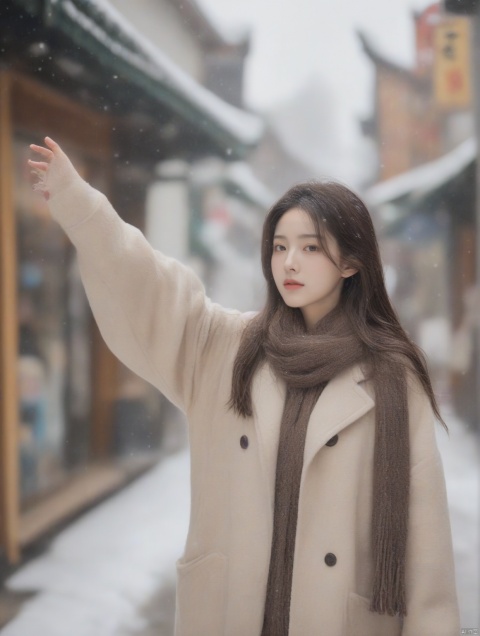  1girl,Exaggerated perspective , ultra wide shot,reaching out hand,foreshortening, on the tokyo street, realistic, highres, female focus, solo,snowy day, scarf, hat, flying snow,