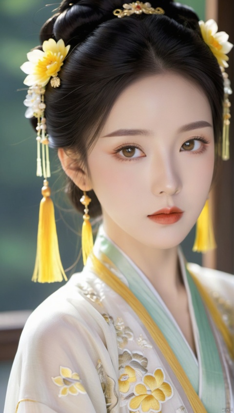 a woman dressed in a traditional Hanfu, She has a dark updo hairstyle adorned with a yellow flower accessory and a tassel, Her makeup is subtle, with emphasis on her eyes and lips, She wears a light-colored Hanfu with intricate embroidery and patterns, The fabric appears to be of high quality, with a sheen that suggests it might be silk or a similar material,