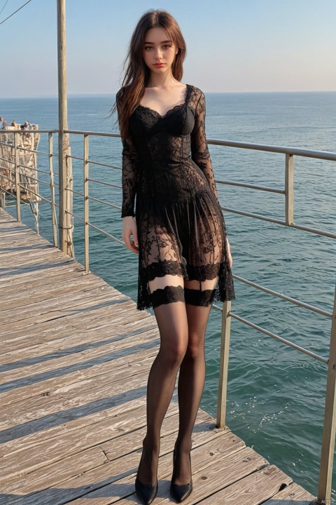 Girl in black stockings standing on the bridge looking at the sea, The style is realistic and stylized, cabincore, animated gif, atmospheric device, light gray and bronze, painting, rinpa school, Dasha Taran