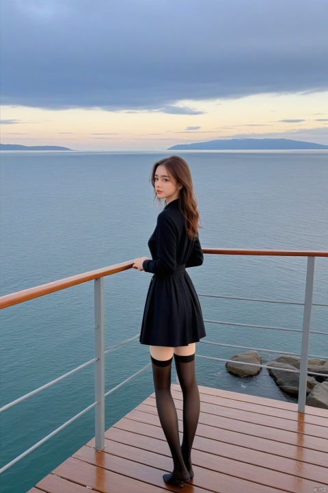  Girl in black stockings standing on the bridge looking at the sea, The style is realistic and stylized, cabincore, animated gif, atmospheric device, light gray and bronze, painting, rinpa school, Dasha Taran