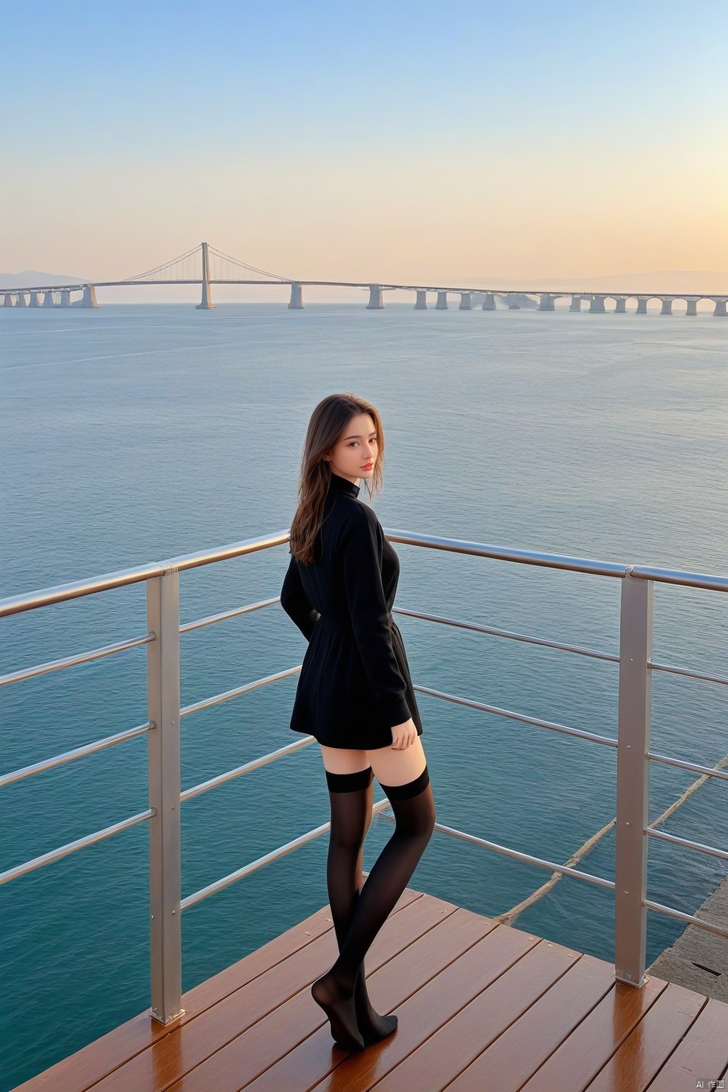  Girl in black stockings standing on the bridge looking at the sea, The style is realistic and stylized, cabincore, animated gif, atmospheric device, light gray and bronze, painting, rinpa school, Dasha Taran