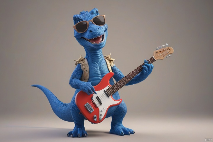  Surreality, a blue Tyrannosaurus Rex, (cute, wearing sunglasses), holding a concert, (playing lute, punk attire), rock music, 3D, C4D, smooth surface, exquisite details, mixed style,