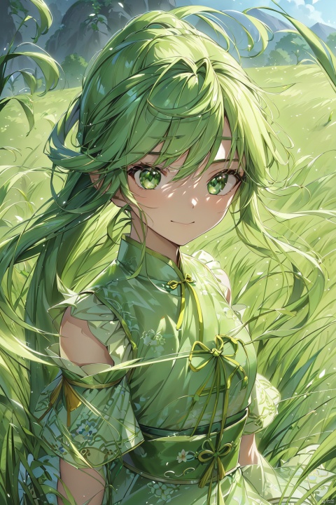  (grass:1.5),1girl,solo,cowboy_shot, the green haired girl is carrying flowers, in the style of anime-inspired character designs, light yellow and light white, 32k uhd, neo-traditional japanese, lively facial expressions, meme art, light azure and green, best quality, (\shen ming shao nv\), (\ji jian\)