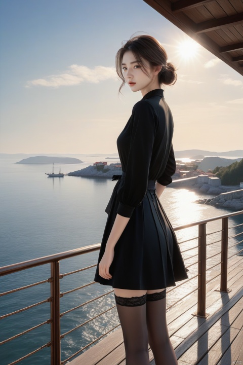  Girl in black stockings standing on the bridge looking at the sea, The style is realistic and stylized, cabincore, animated gif, atmospheric device, light gray and bronze, painting, rinpa school