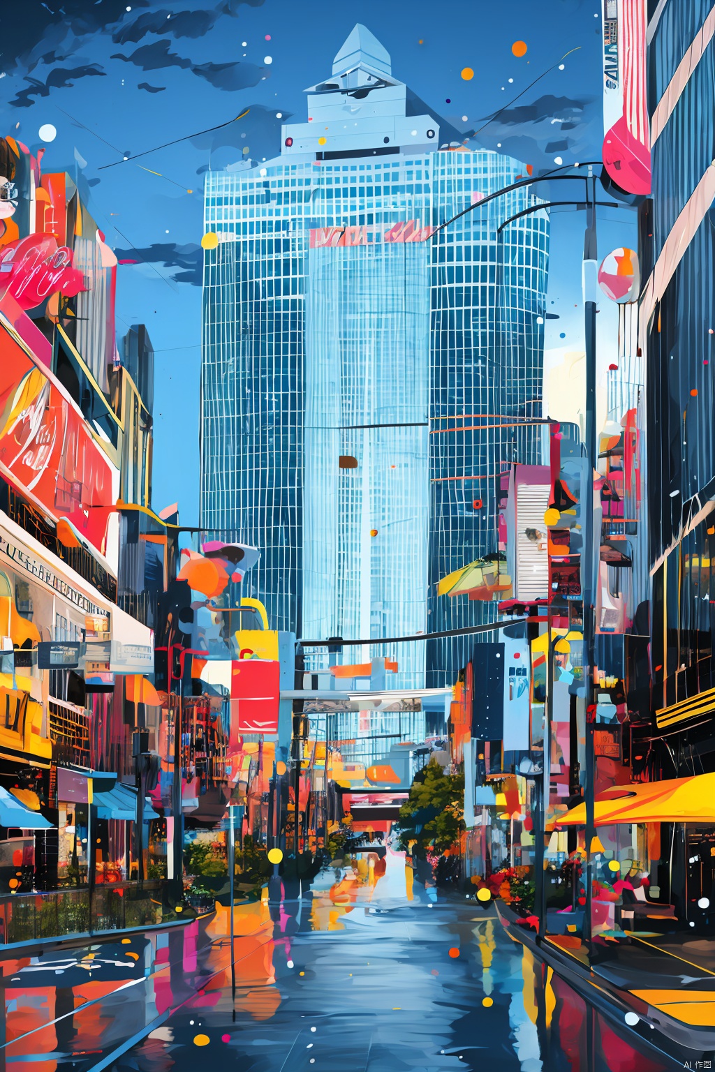  A futuristic cityscape with flying cars and neon lights reflecting on wet streets