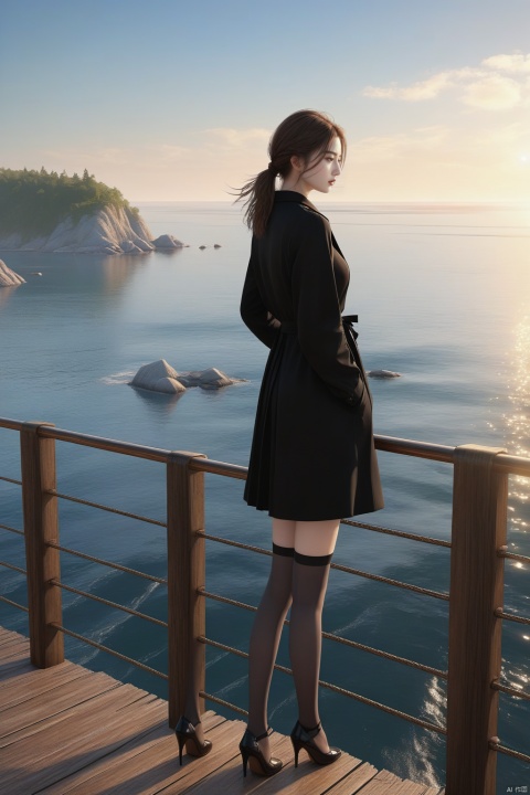  Girl in black stockings standing on the bridge looking at the sea, The style is realistic and stylized, cabincore, animated gif, atmospheric device, light gray and bronze, painting, rinpa school