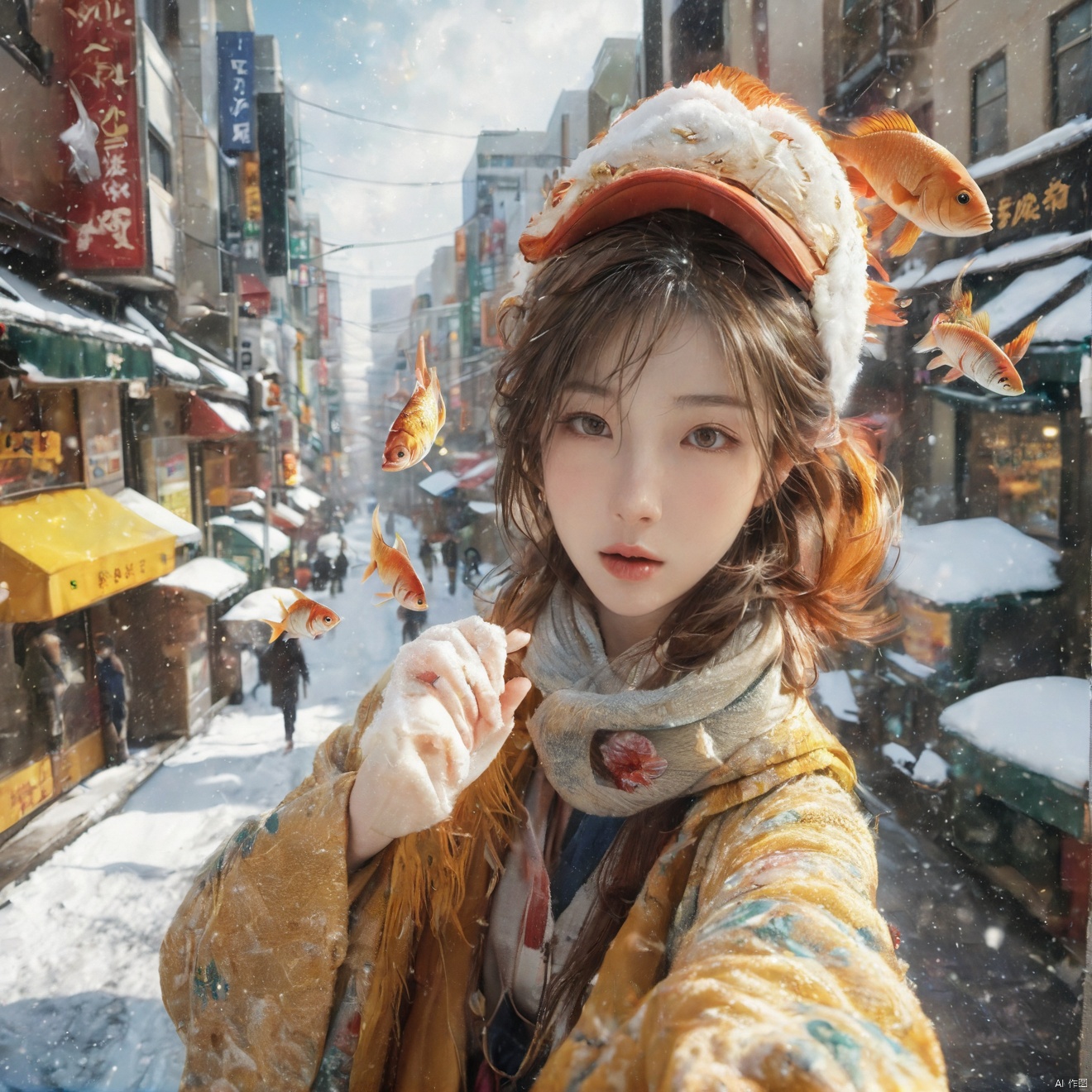 1girl,Exaggerated perspective , ultra wide shot,reaching out hand,foreshortening, on the tokyo street, realistic, highres, female focus, solo,snowy day, scarf, hat, flying snow,fish-eye len,fish eye angle