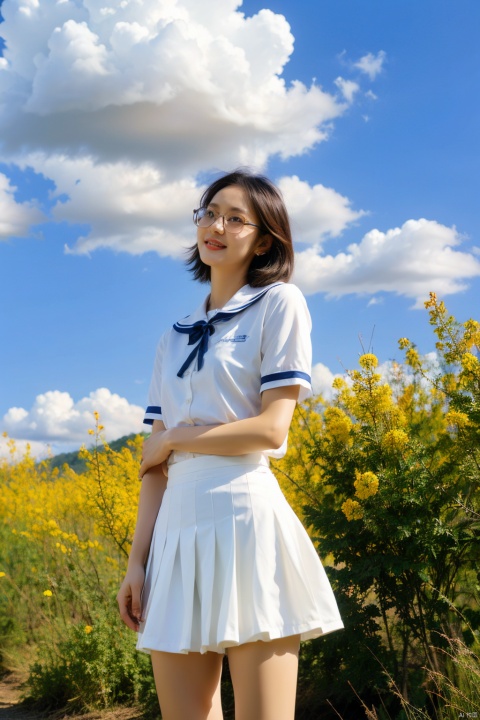  Enhancement, masterpiece, 16K, JK, 1 girl, glasses, short white hair, school uniform, skirt, outdoor, blue sky, white clouds, rape flower