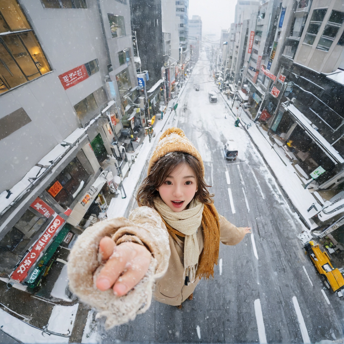 1girl,Exaggerated perspective , ultra wide shot,reaching out hand,foreshortening, on the tokyo street, realistic, highres, female focus, solo,snowy day, scarf, hat, flying snow,fish-eye len,fish eye angle