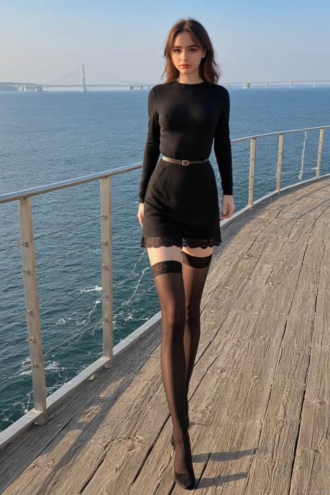  Girl in black stockings standing on the bridge looking at the sea, The style is realistic and stylized, cabincore, animated gif, atmospheric device, light gray and bronze,, Dasha Taran,