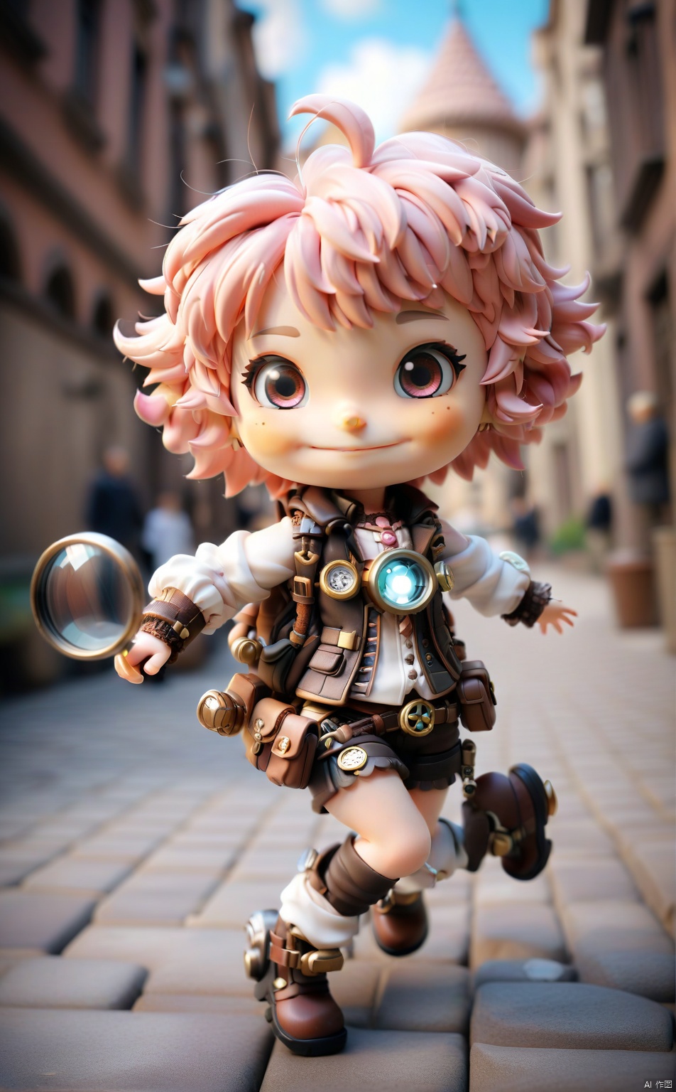  Masterpiece, Best Quality, High Resolution, PVC, Rendering, Chibi, High Resolution, Single Girl, Anya, Anya Forger, Steampunk Costume, Pink Hair, Bob Hair, Smile, Selfish, Chibi, Being Chased Around the City, One Hand Magnifying Glass , Smile, Smile, Self-Justice, Full Body, Chibi, 3D Figure, Toy, Doll, Character Print, Front View, Natural Light, ((Real)) Quality: 1.2)), Dynamic Pose, Cinematic Lighting, 3DIP, Sewing doll