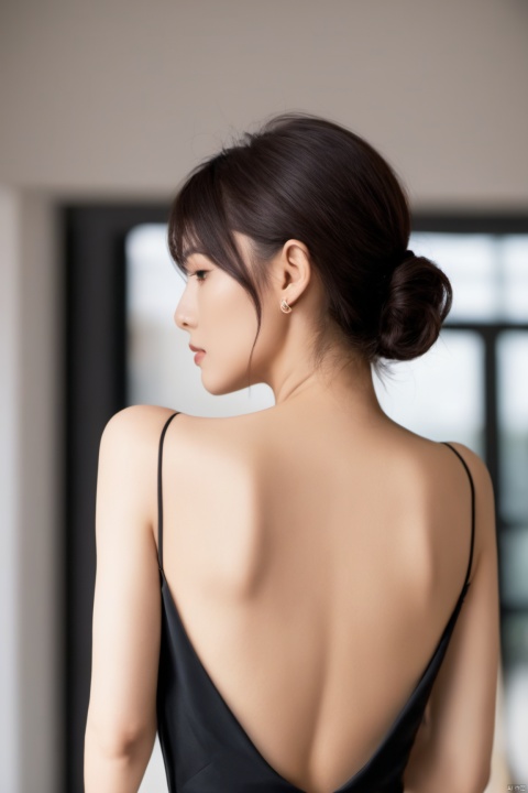  (masterpiece, best quality, highres:1.2),breathtaking,Frontal photography,in a black dress, with a backless top, captured by a Canon EOS 6D Mark II, showcasing her shoulders from the back, a young beautiful woman, seen from behind, evoking a cinematic experience. The artwork is created by Leng Jun, with emphasis on the subject's bare back and the play of backlighting, taken with a Canon EOS 5D Mark IV. The woman has short hair and exudes an aura of elegance.